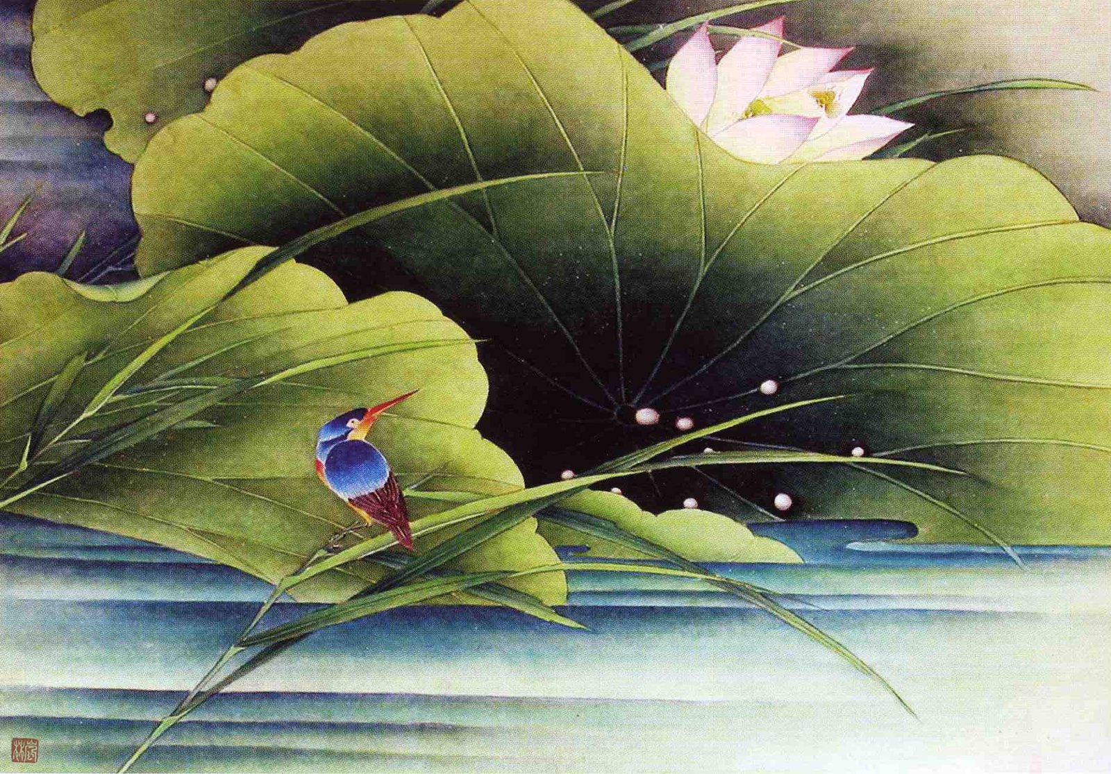 framed print of Chinese Painting on canvas - Lotus Pond Alba